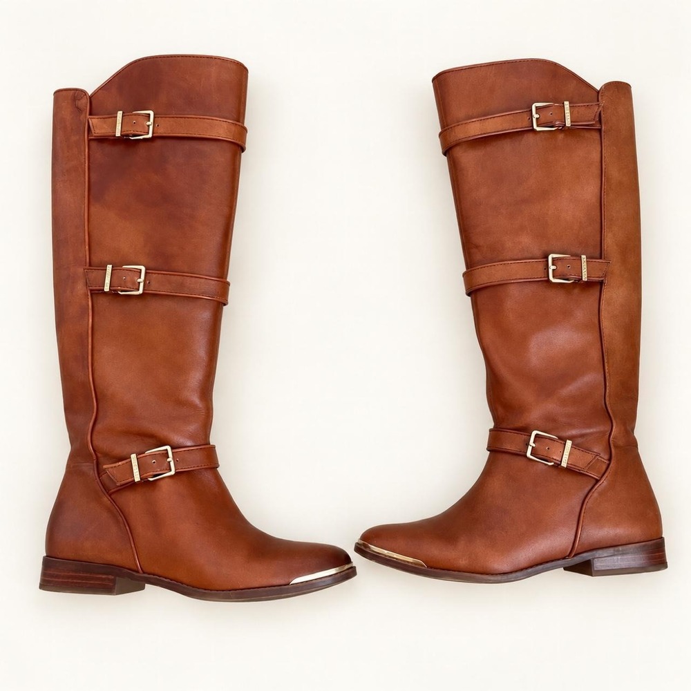 Gianni Bini Cognac Triple Buckle Knee-High Riding Boots – 7.5M
